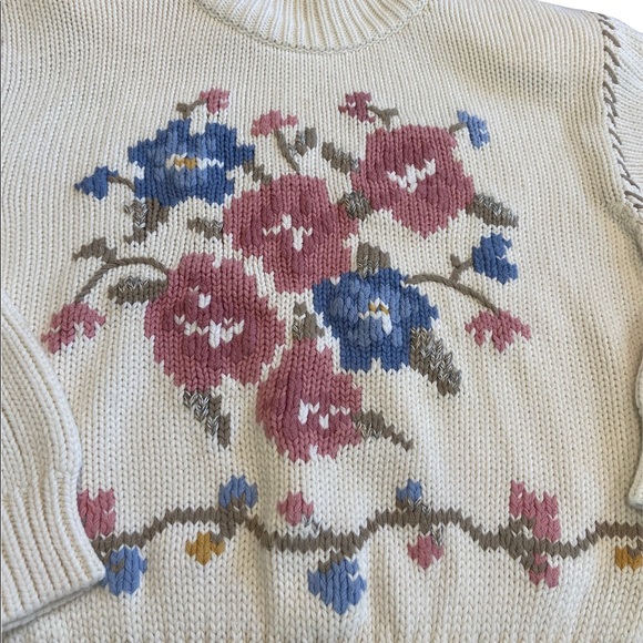 Vintage Liz Sport Petite SM Knit Sweater Cream Floral Embroidery Grannycore Y2k - Picture 7 of 12